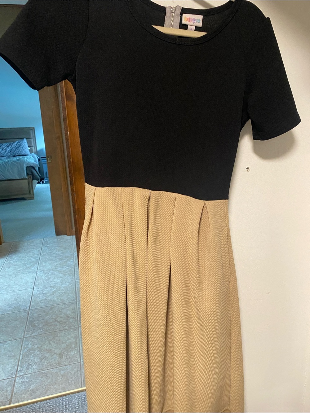 LuLaRoe Black and Tan Two-Tone Midi Dress with Pleated Skirt
